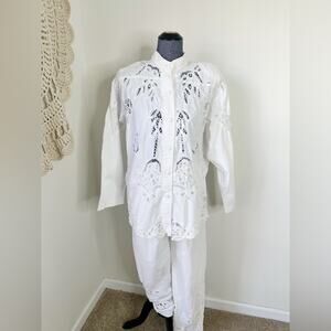 Cache Vintage 80s Two Piece White Lace Embroidered Pant Suit Small